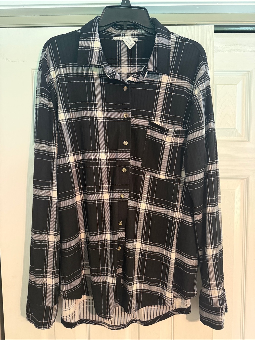 Women's Black and White Plaid Button-Down Shirt